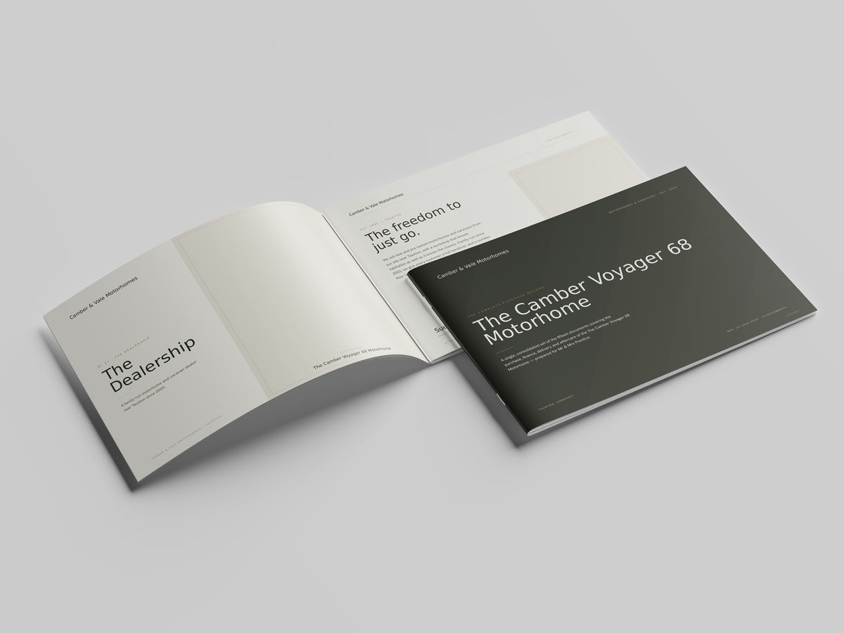 Motorhome & Caravan Dealer Customer Pack in PowerPoint, printed and open at the first pages