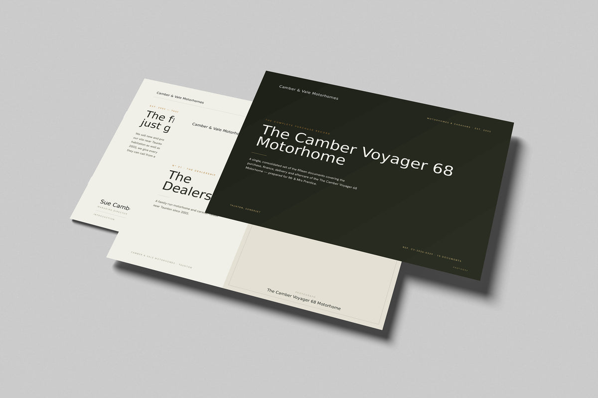 Motorhome & Caravan Dealer Customer Pack in PowerPoint, printed pages floating