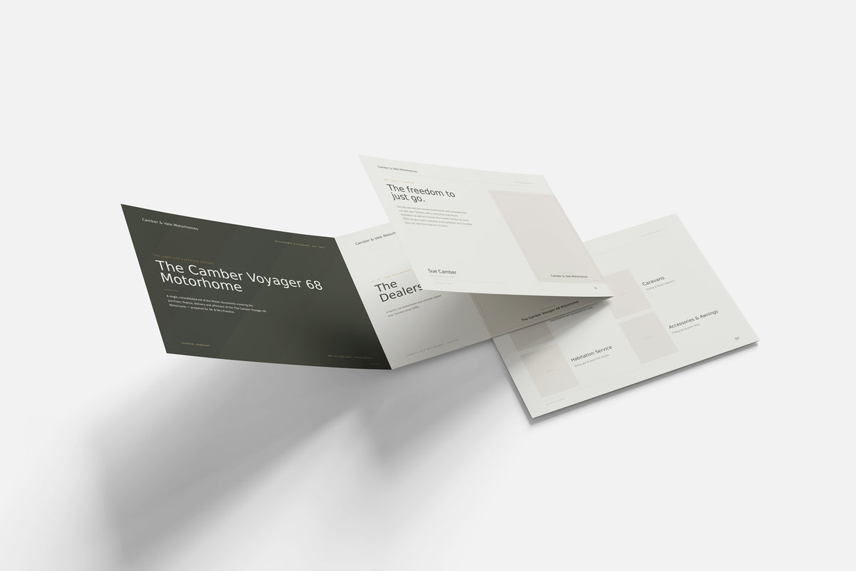 Motorhome & Caravan Dealer Customer Pack in PowerPoint, printed documents stacked