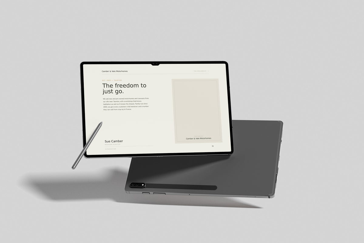 Motorhome & Caravan Dealer Customer Pack in PowerPoint, inside pages shown on a tablet