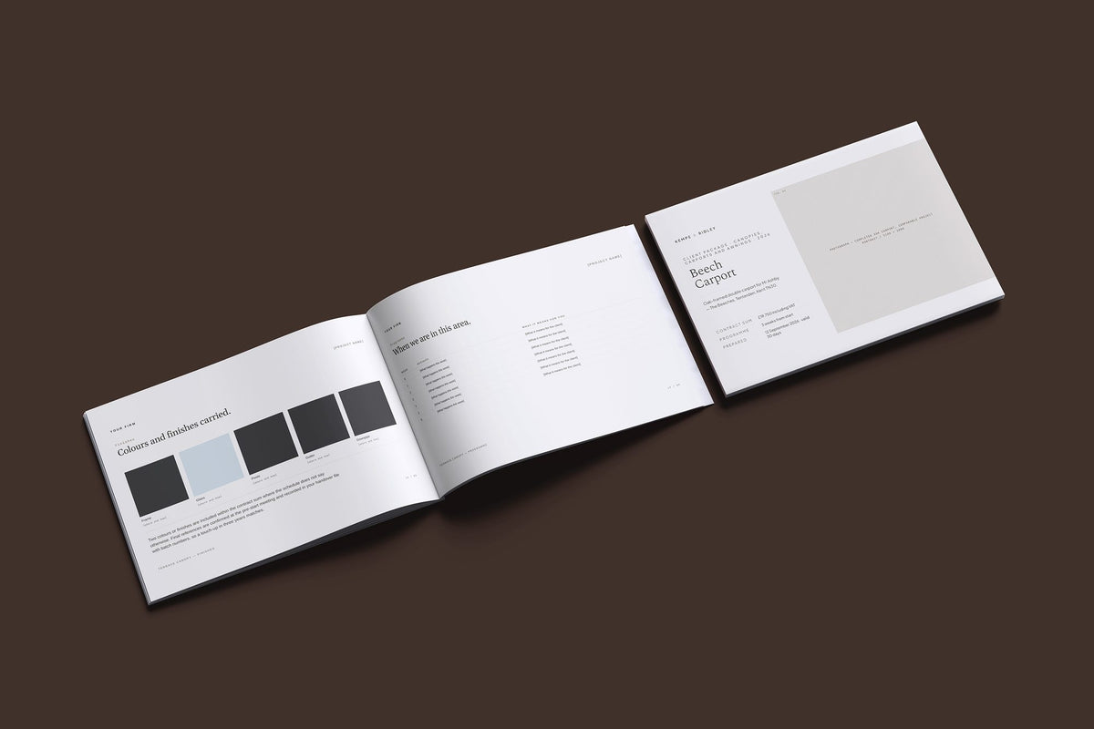 Canopies Carports and Awnings Client Package, Oat colourway, cover and inside spread mockup