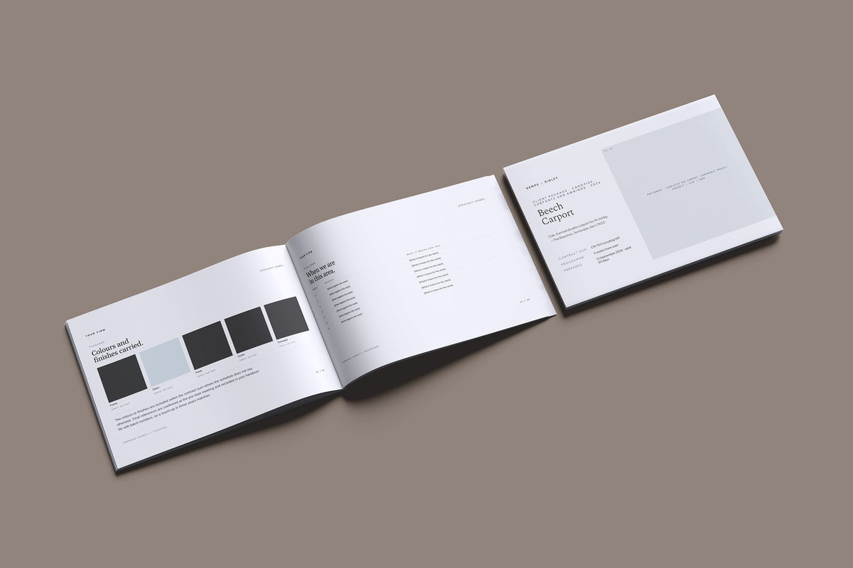 Canopies Carports and Awnings Client Package, Slate colourway, cover and inside spread mockup