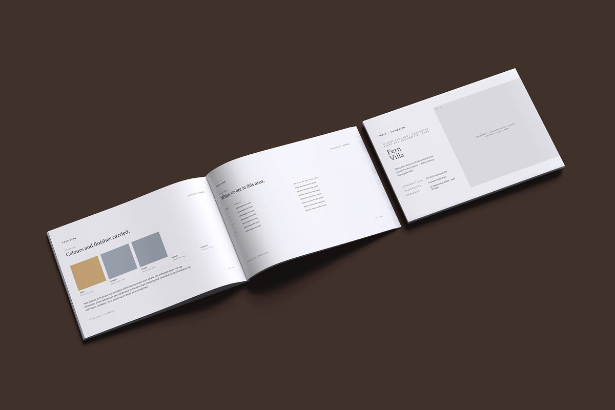Carpenter Client Package, Ivory colourway, cover and inside spread mockup