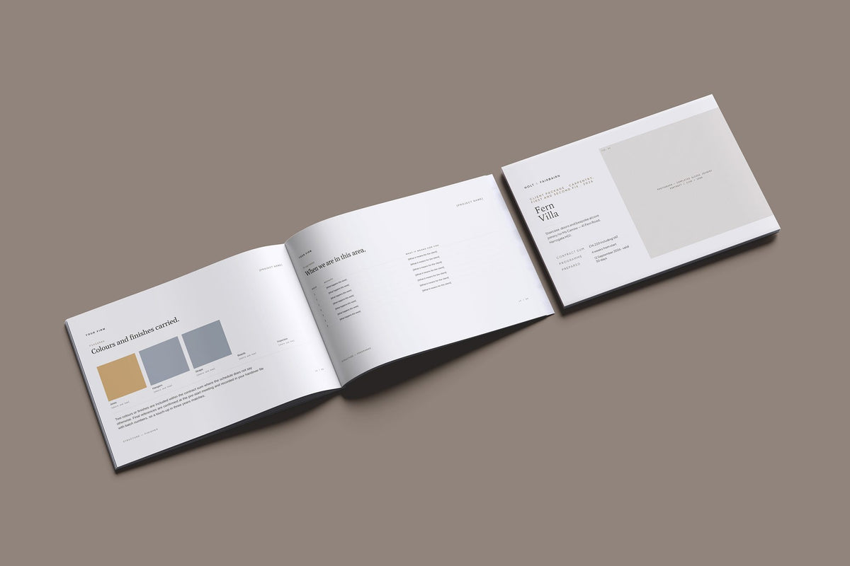 Carpenter Client Package, Oat colourway, cover and inside spread mockup
