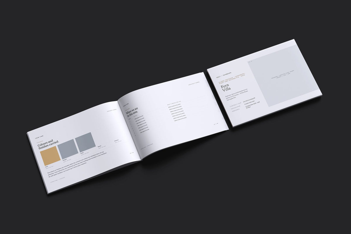 Carpenter Client Package, Slate colourway, cover and inside spread mockup