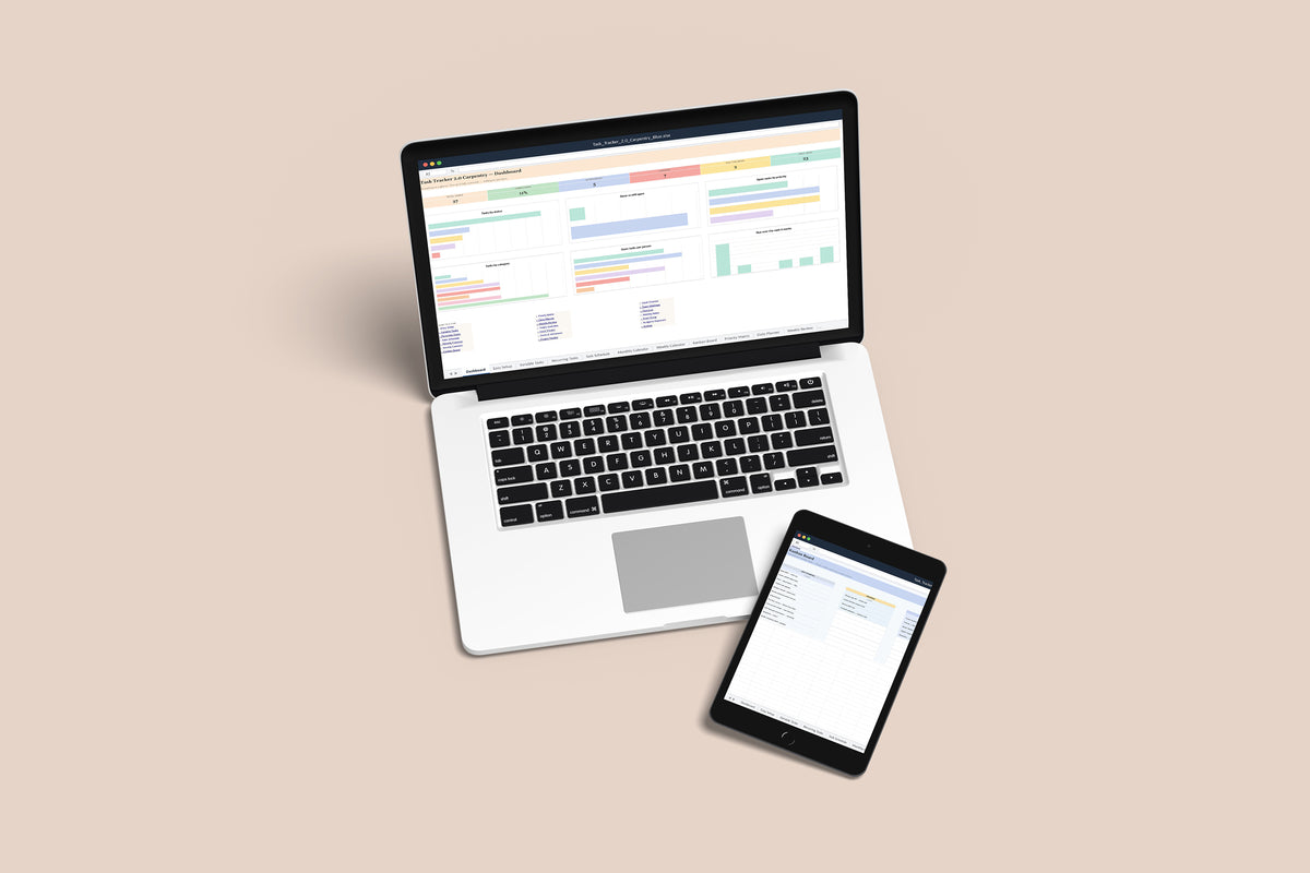 Task Tracker Carpentry Excel template on a MacBook and iPad