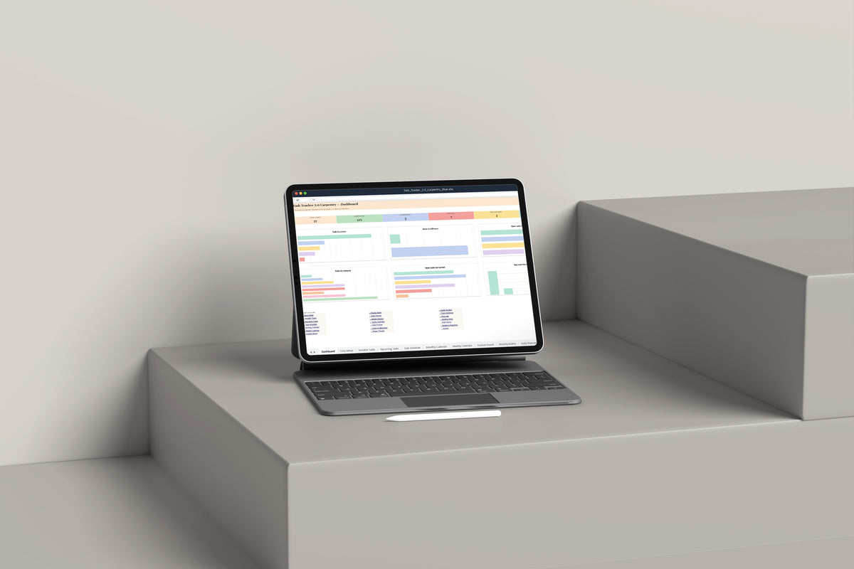Task Tracker Carpentry Excel template on an iPad with keyboard