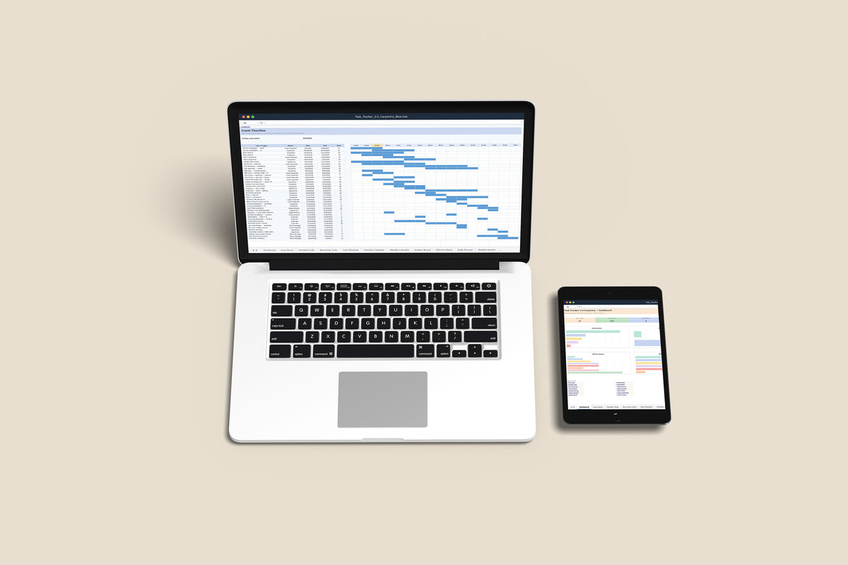 Task Tracker Carpentry Excel template on a MacBook and iPad, second view