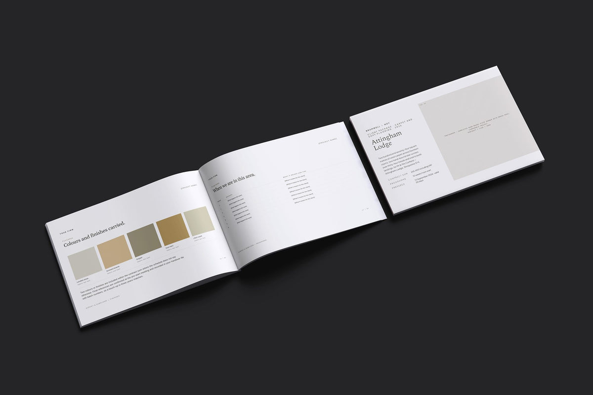 Carpet Client Package, Oat colourway, cover and inside spread mockup