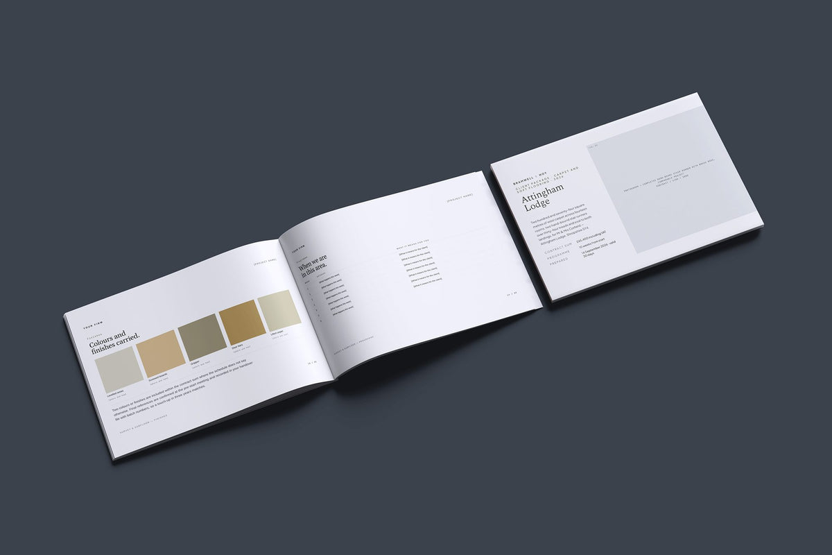 Carpet Client Package, Slate colourway, cover and inside spread mockup