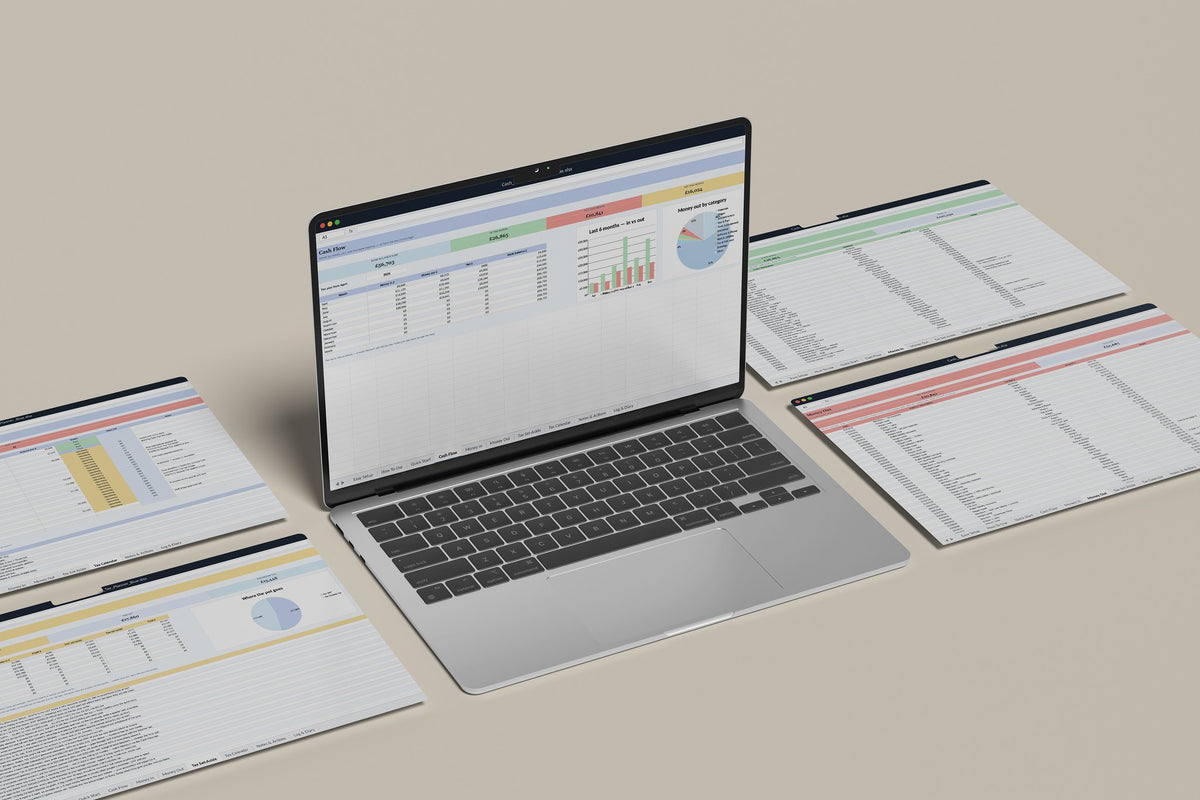 Cash Flow and Tax Planner Excel template, Cash Flow tab on a laptop screen