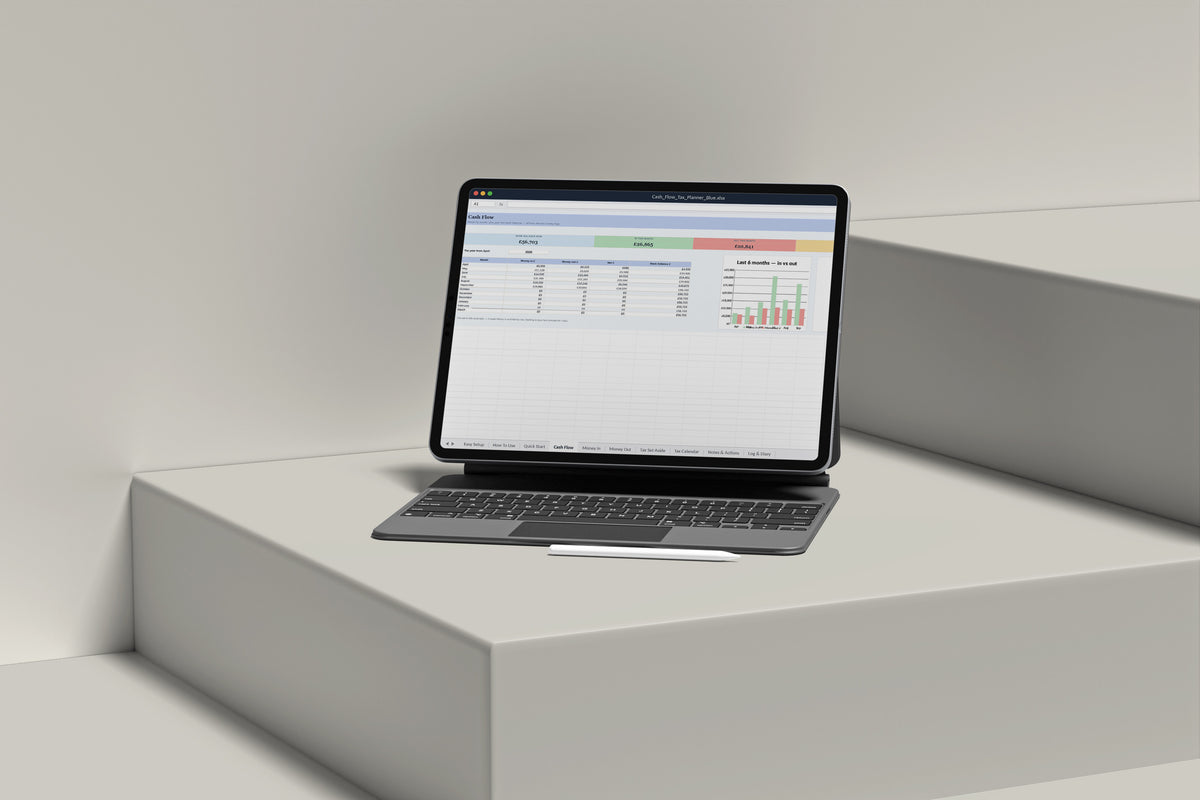 Cash Flow and Tax Planner Excel template on an iPad with keyboard