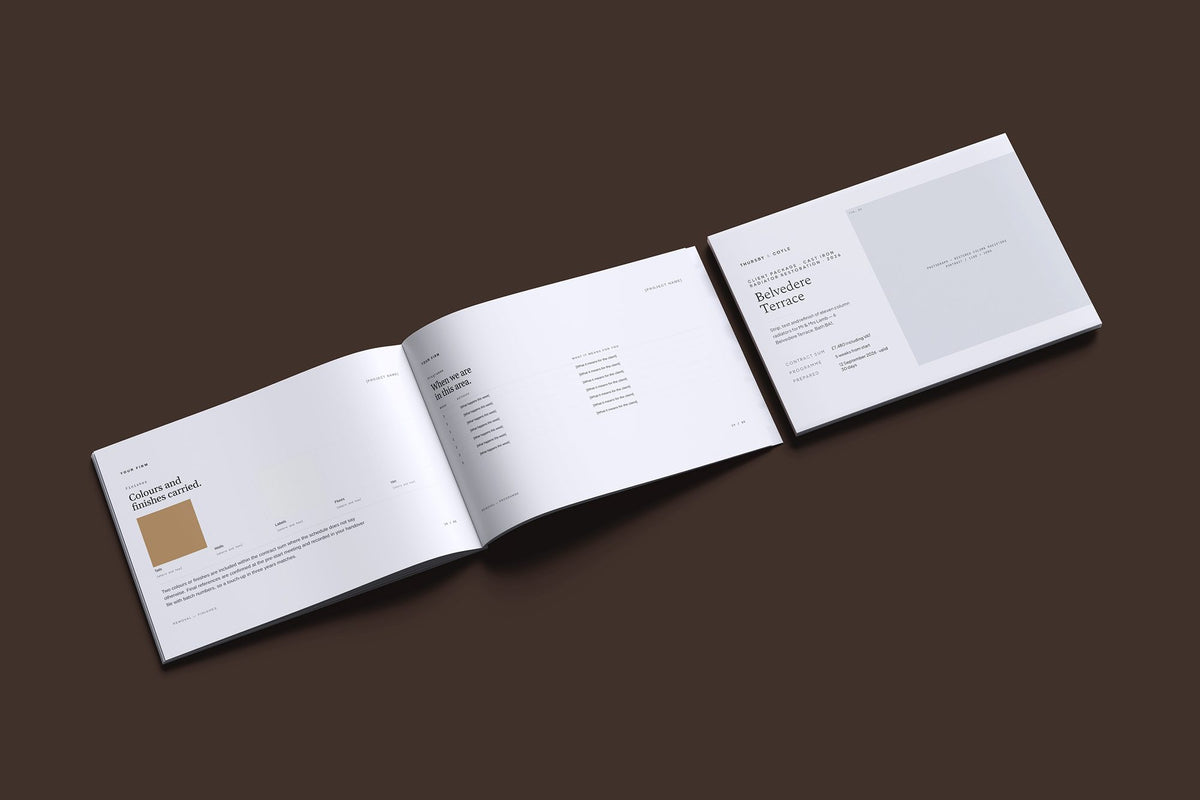Cast Iron Radiator Restoration Client Package, Slate colourway, cover and inside spread mockup