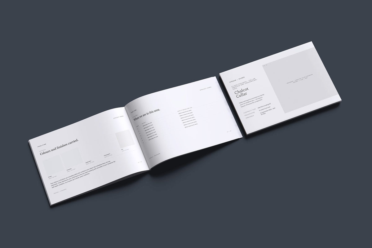Cellar Tanking and Conversion Client Package, Ivory colourway, cover and inside spread mockup