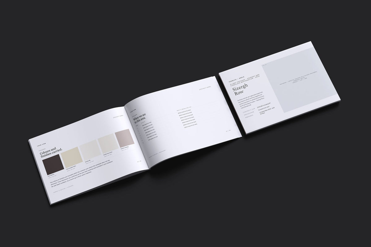 Chimney Client Package, Slate colourway, cover and inside spread mockup