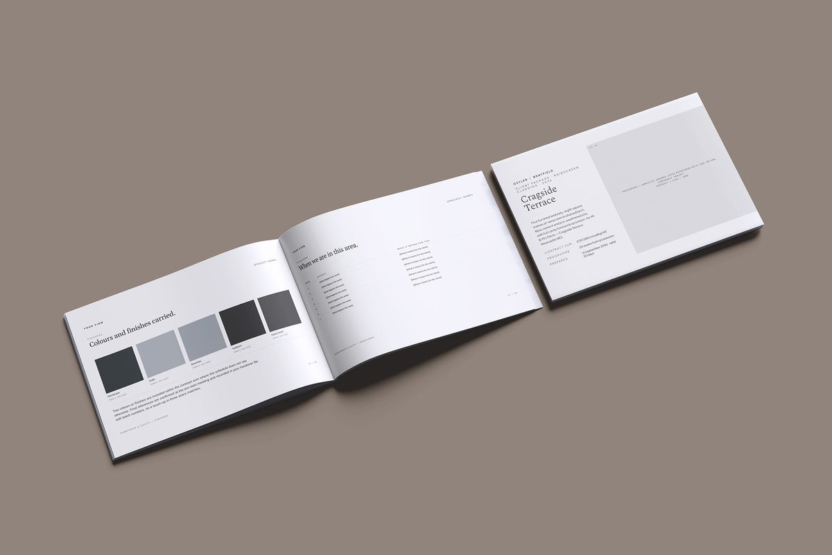 Cladding Client Package, Ivory colourway, cover and inside spread mockup