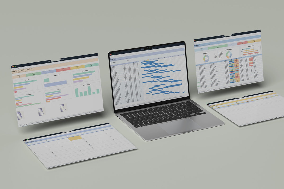 Cladding Task Tracker 2.0 Excel template, Gantt Timeline tab on a laptop screen