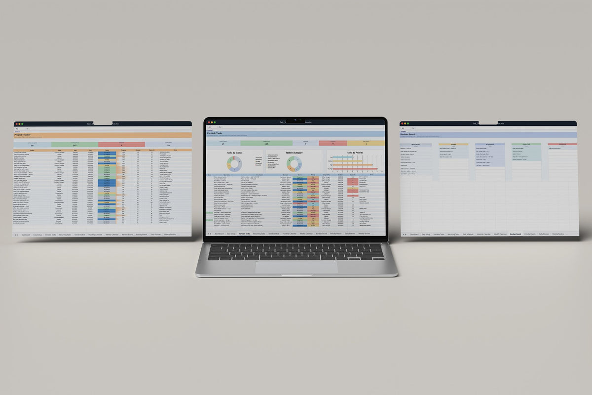 Cladding Task Tracker 2.0 Excel template, Variable Tasks tab on a laptop screen