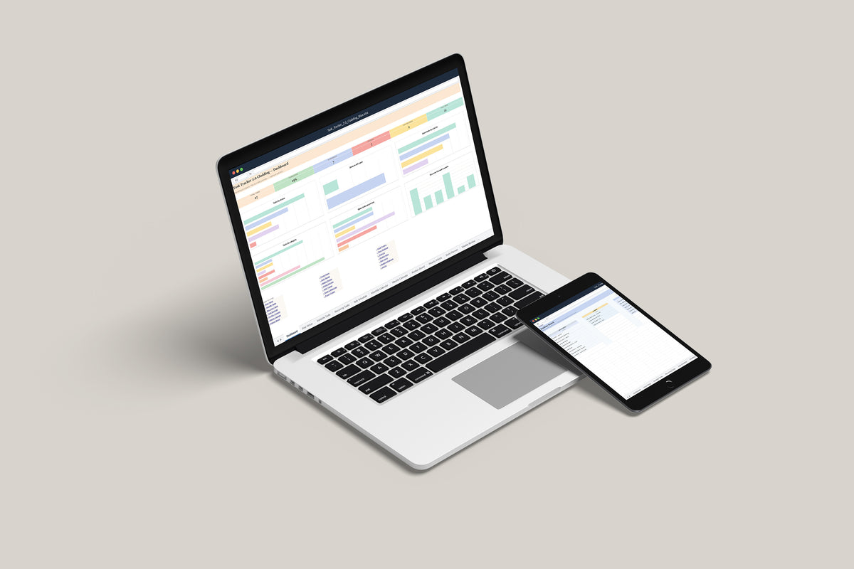 Task Tracker Cladding Excel template on a MacBook and iPad
