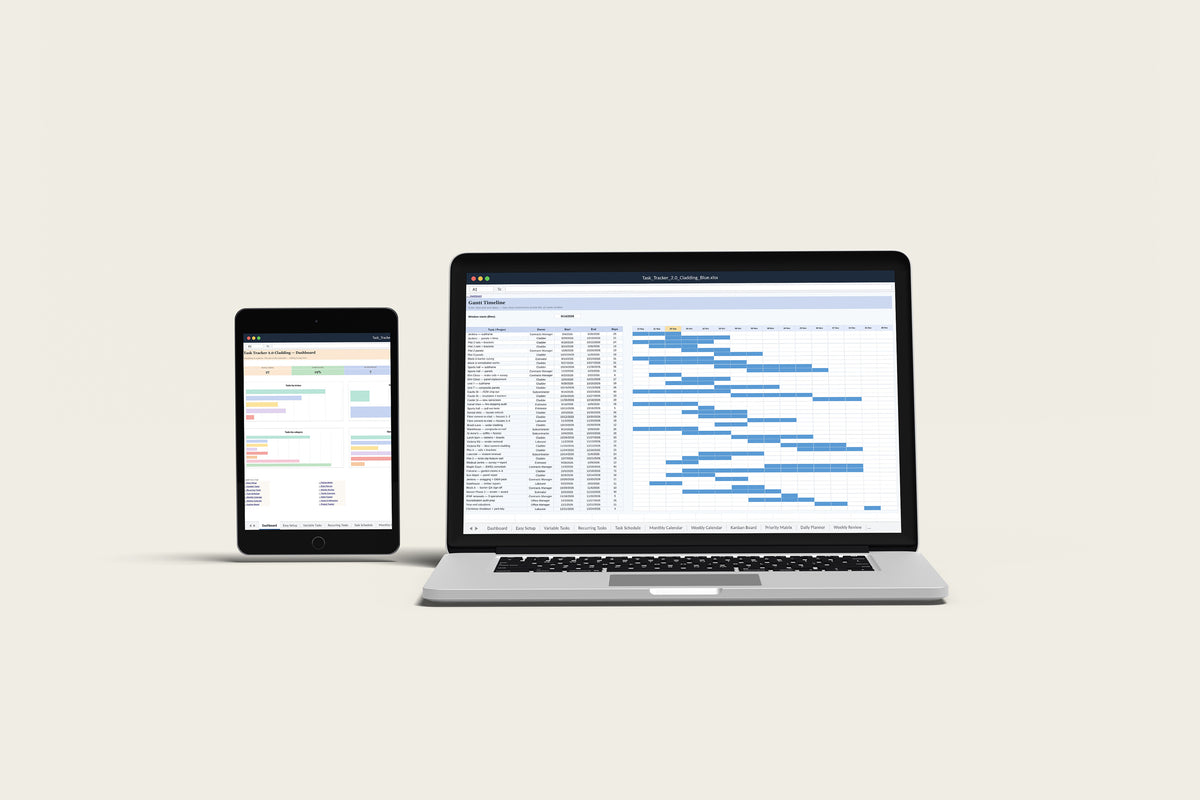Task Tracker Cladding Excel template on a MacBook and iPad, second view