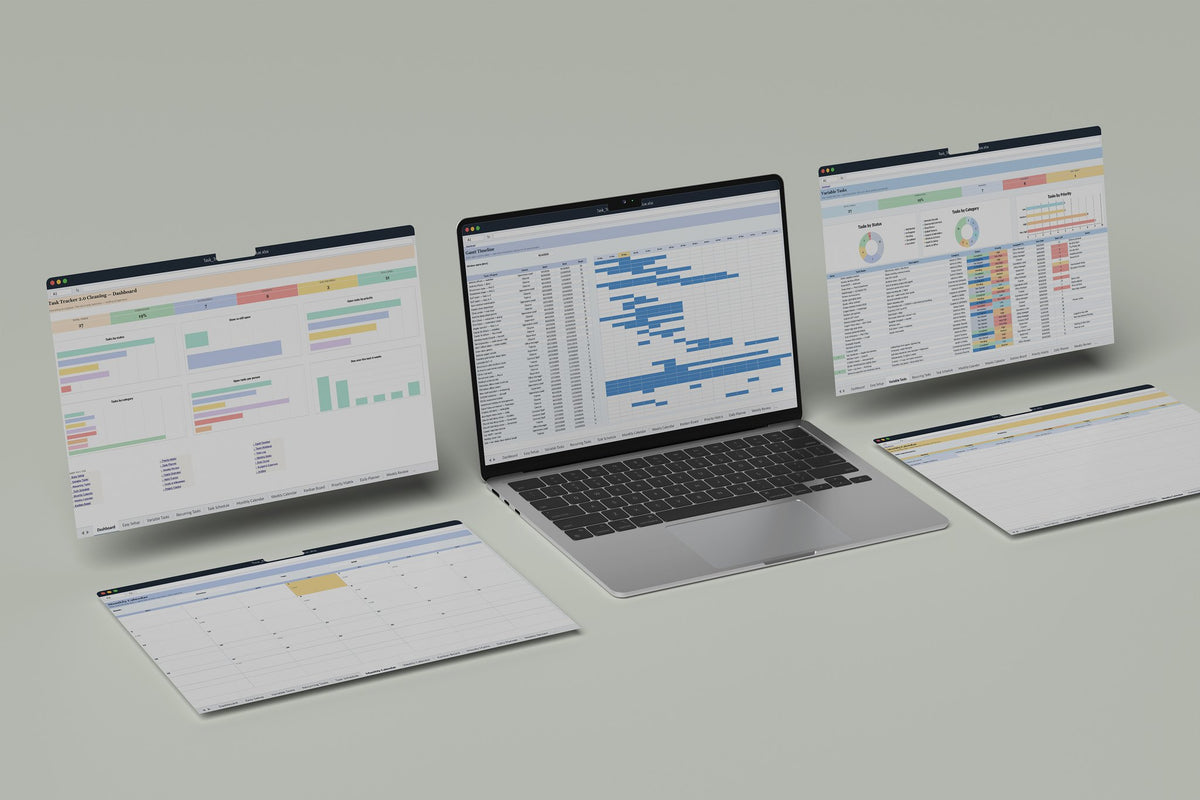 Cleaning Business Task Tracker 2.0 Excel template, Gantt Timeline tab on a laptop screen