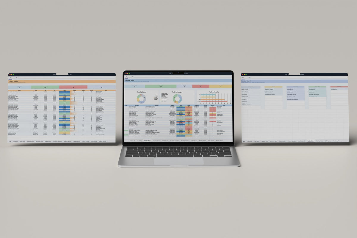 Cleaning Business Task Tracker 2.0 Excel template, Variable Tasks tab on a laptop screen