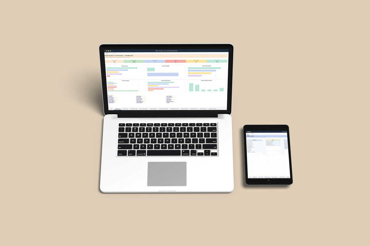 Task Tracker Cleaning Excel template on a MacBook and iPad