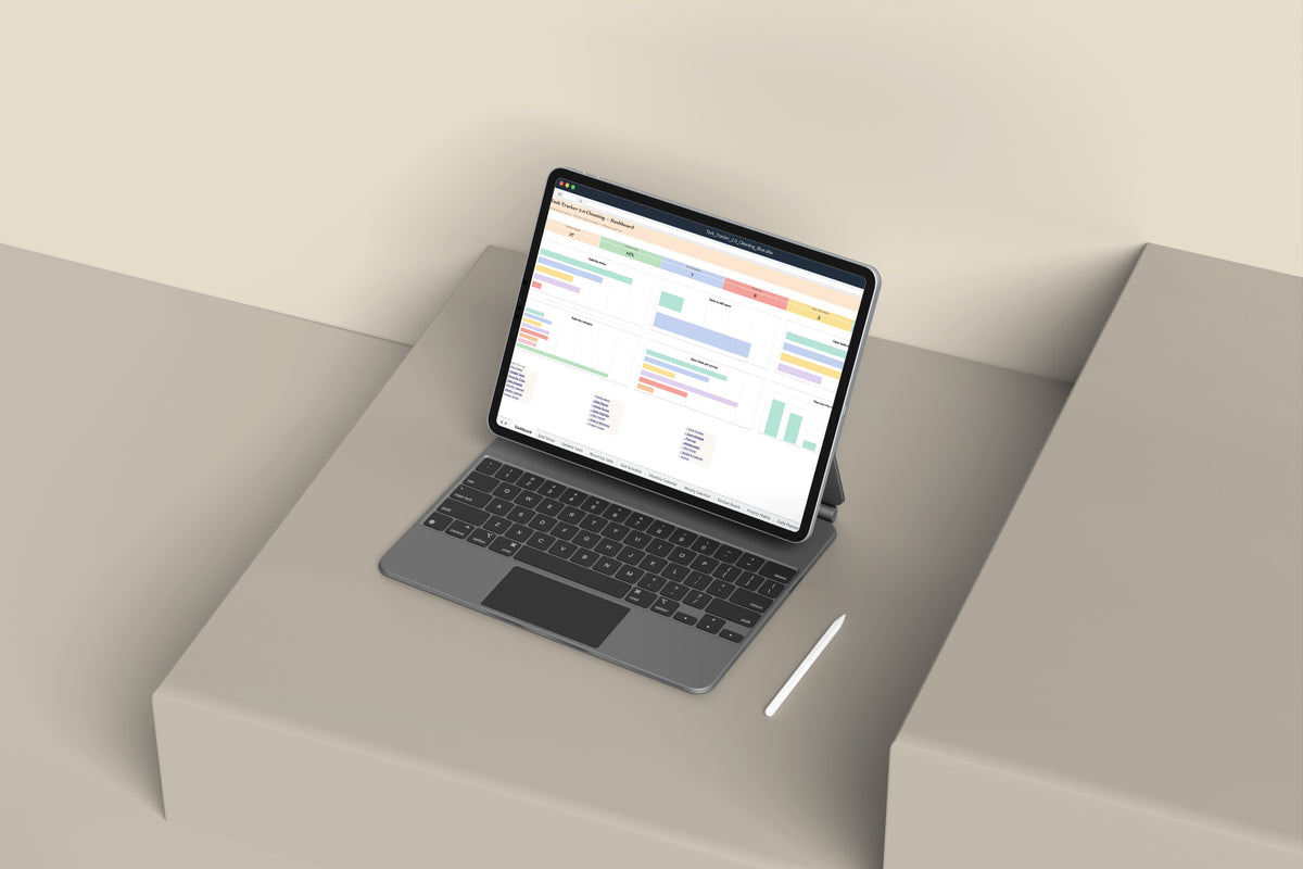 Task Tracker Cleaning Excel template on an iPad with keyboard