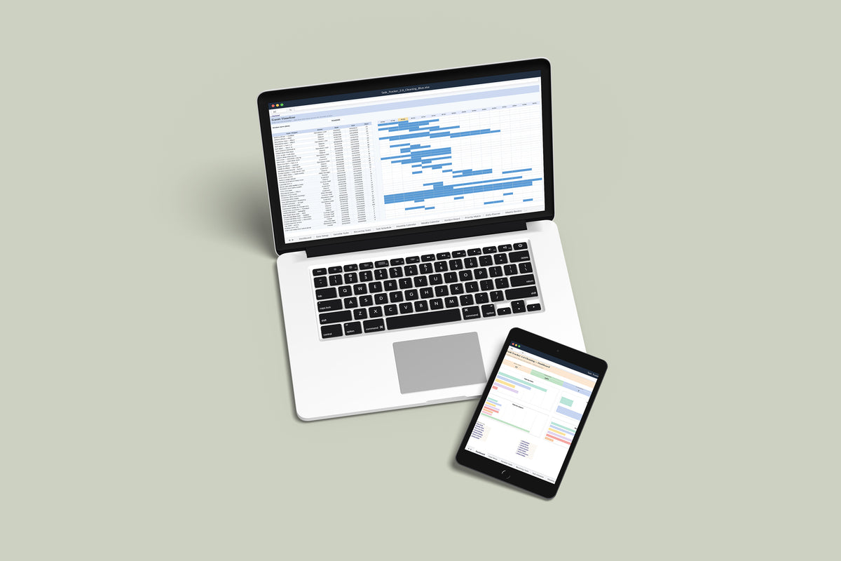 Task Tracker Cleaning Excel template on a MacBook and iPad, second view