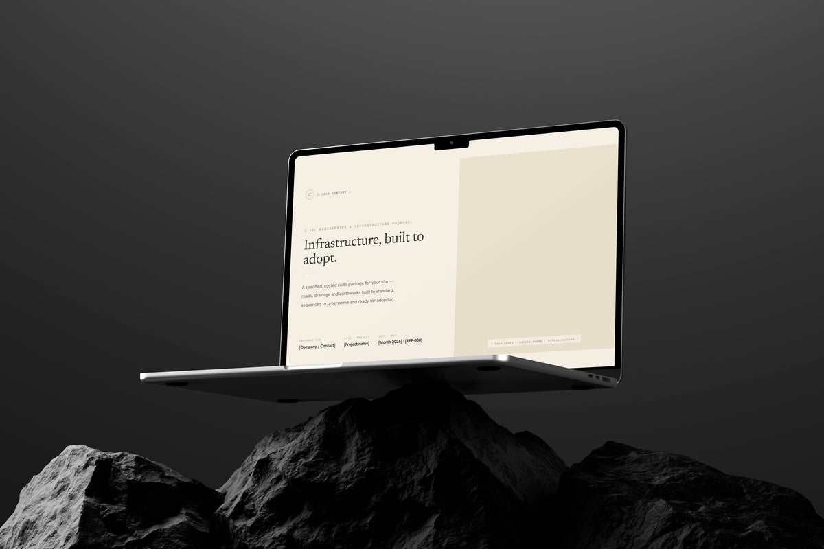 Beige Civil Engineering & Infrastructure Proposal Template in PowerPoint, shown on a laptop