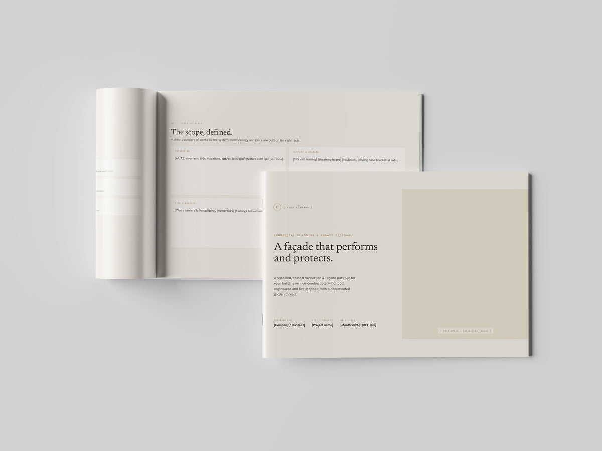 Beige Commercial Cladding Proposal Template in PowerPoint, printed and open at an inside page