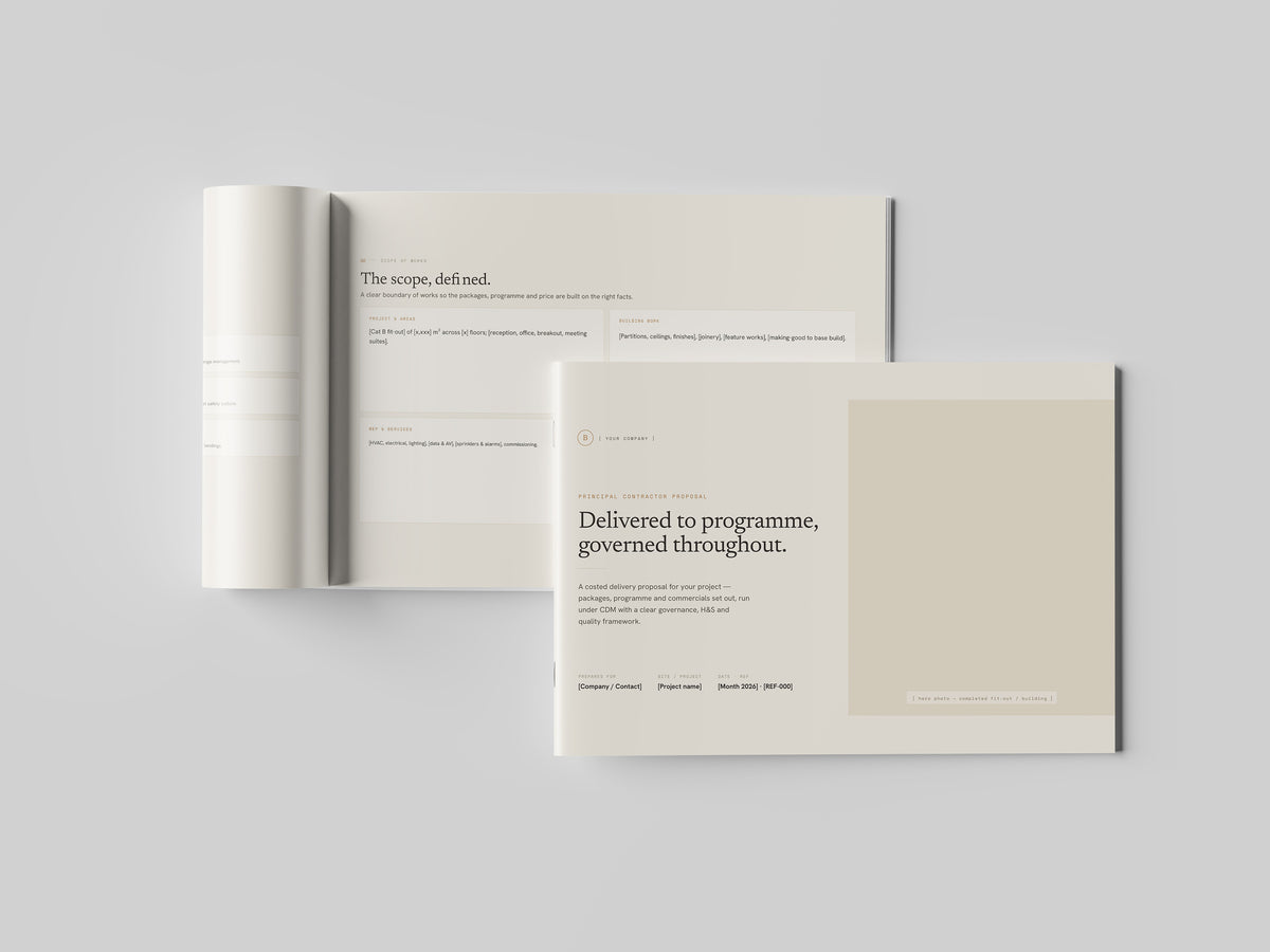 Beige Commercial Contractor Proposal Template in PowerPoint, printed and open at an inside page