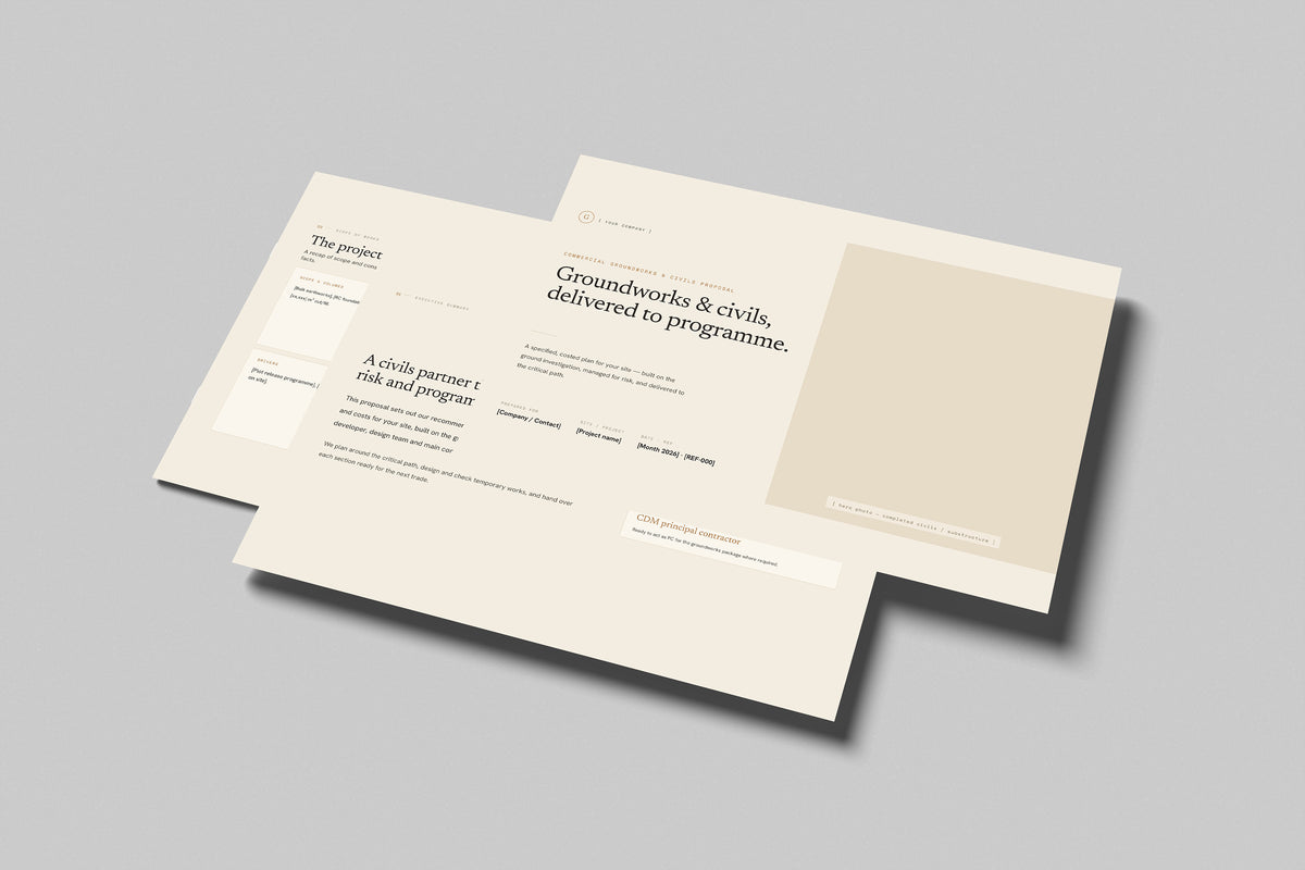 Beige Commercial Groundworks Proposal Template in PowerPoint, shown as printed brochures