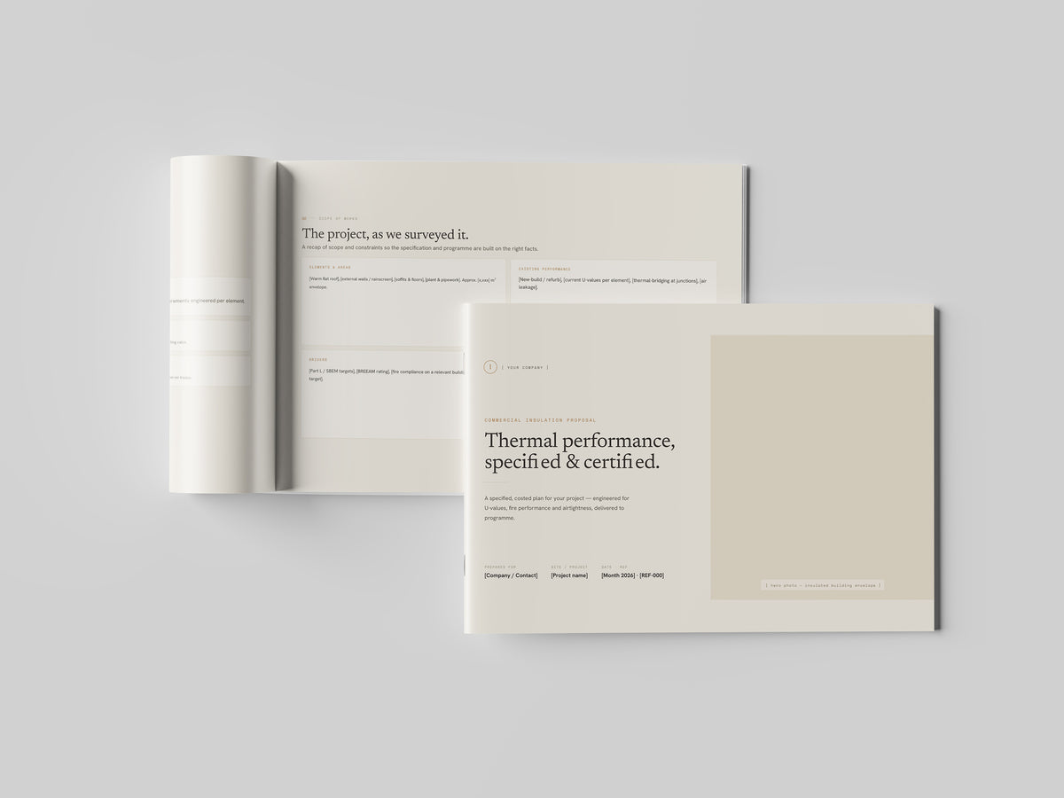 Beige Commercial Insulation Proposal Template in PowerPoint, printed and open at an inside page