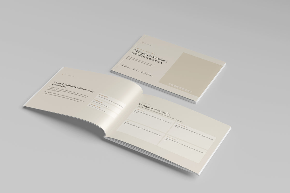Beige Commercial Insulation Proposal Template in PowerPoint, printed cover shown at an angle