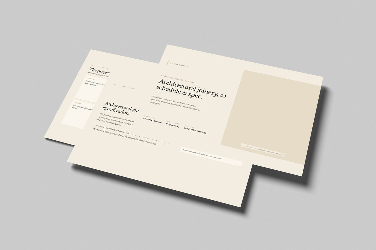 Beige Commercial Joinery Proposal Template in PowerPoint, shown as printed brochures