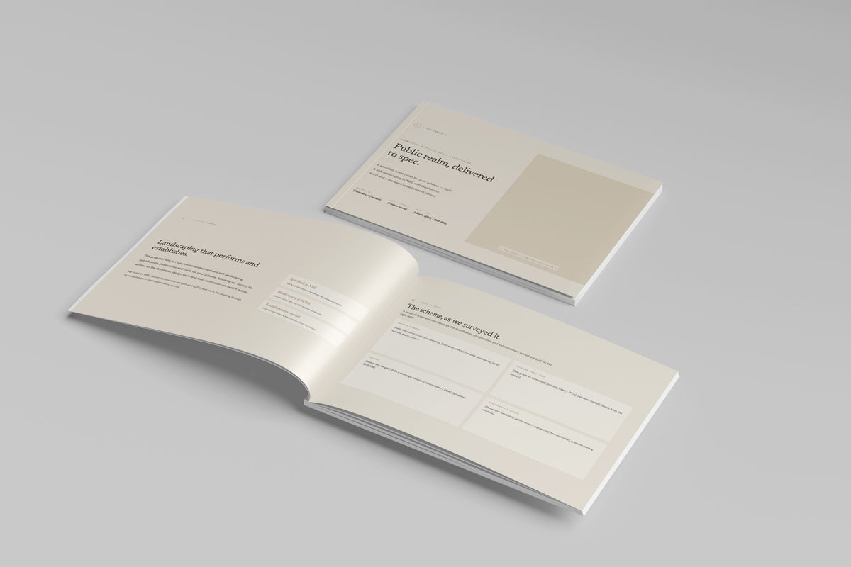 Beige Commercial Landscaping Proposal Template in PowerPoint, printed cover shown at an angle