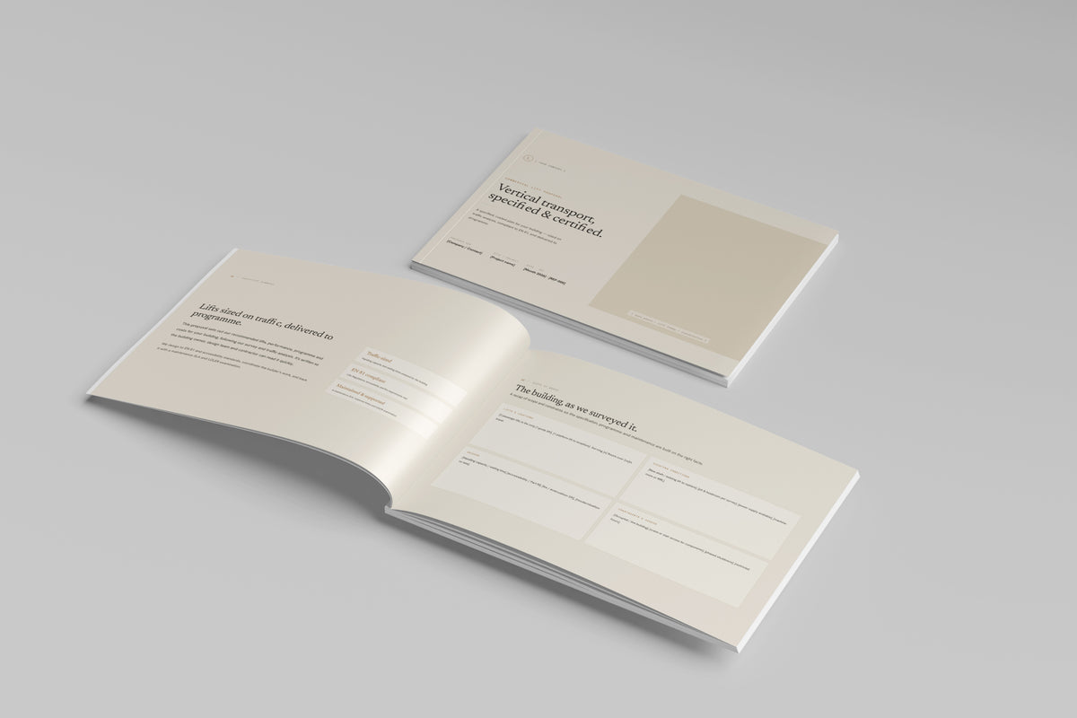 Beige Commercial Lift Installation Proposal Template in PowerPoint, printed cover shown at an angle