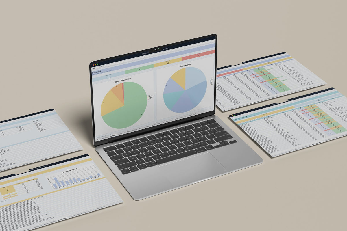 Compliance and Certification Tracker Excel template, Dashboard tab on a laptop screen