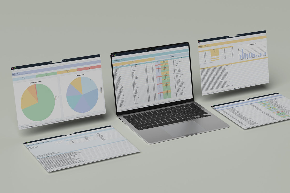 Compliance and Certification Tracker Excel template, Business Compliance tab on a laptop screen