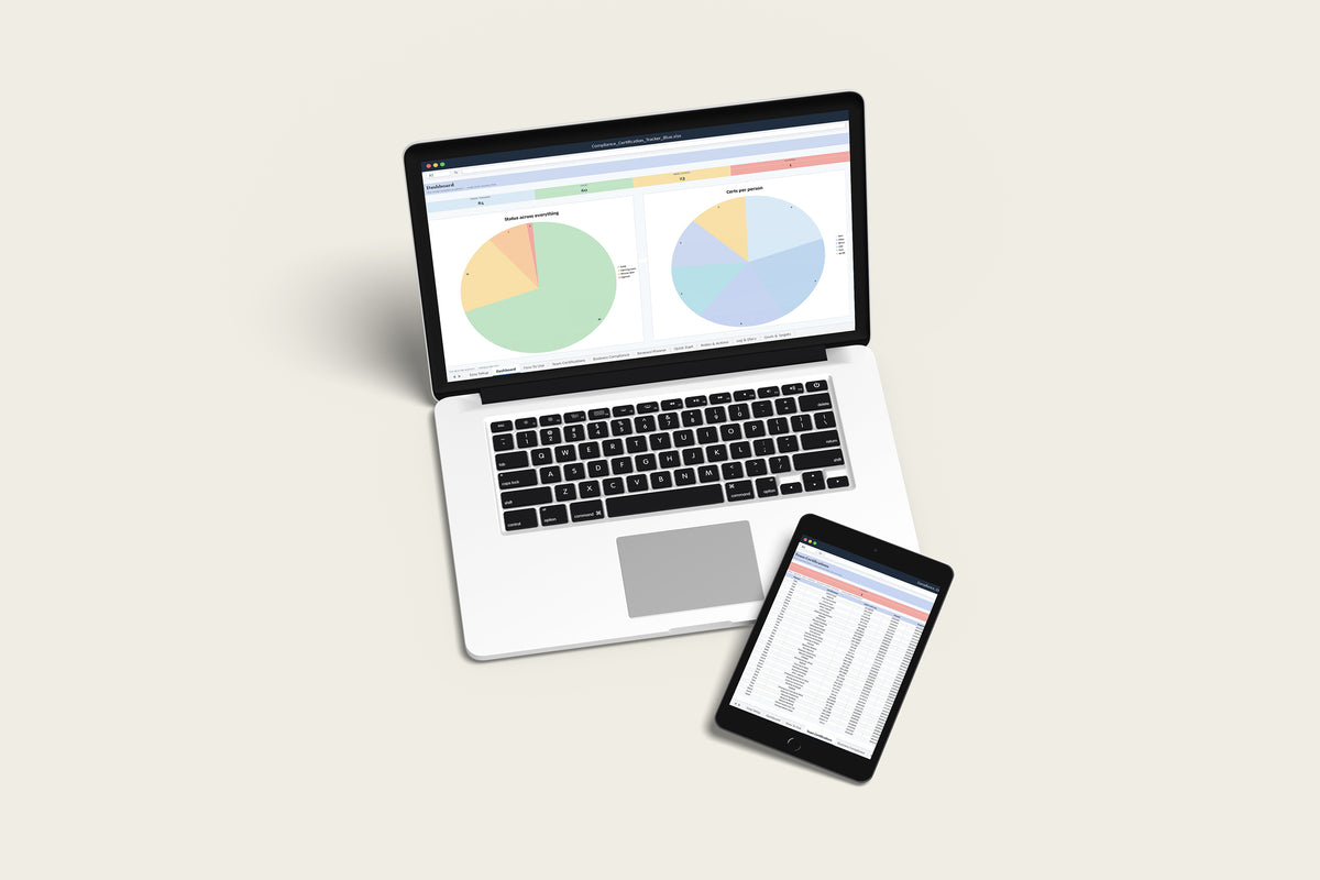 Compliance and Certification Tracker Excel template on a MacBook and iPad