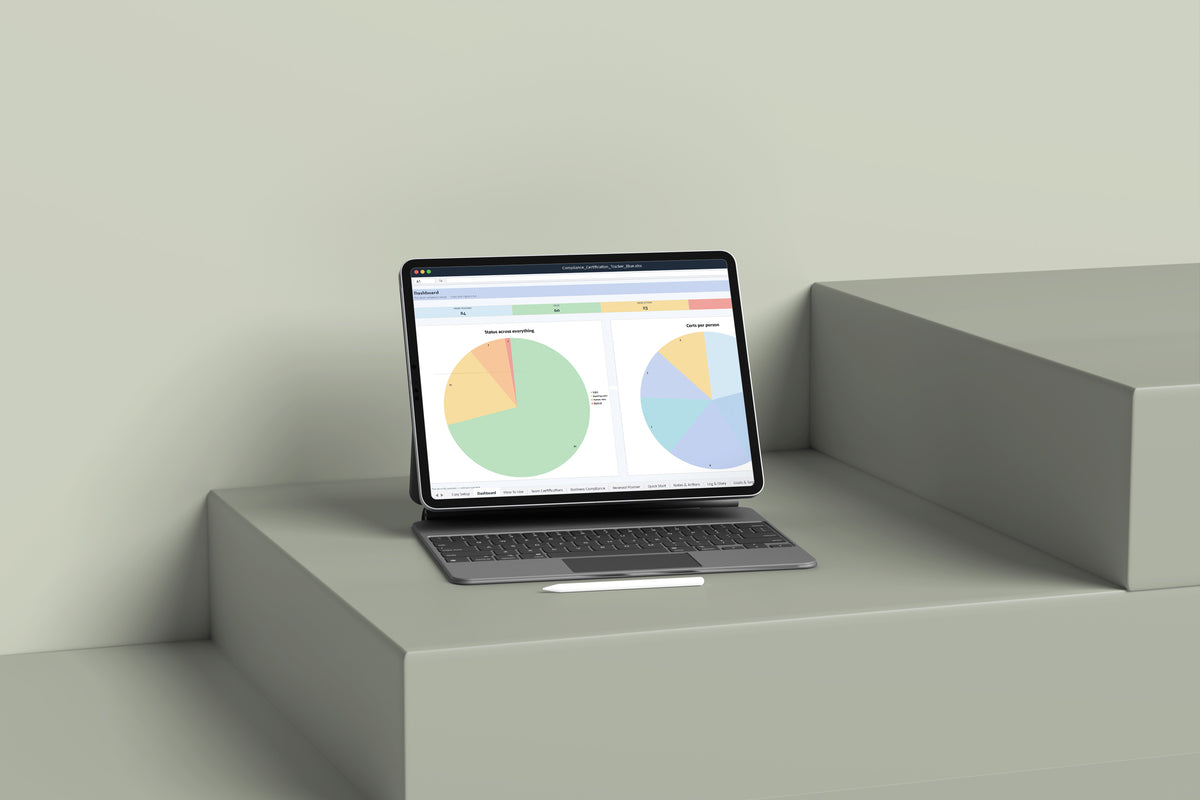 Compliance and Certification Tracker Excel template on an iPad with keyboard