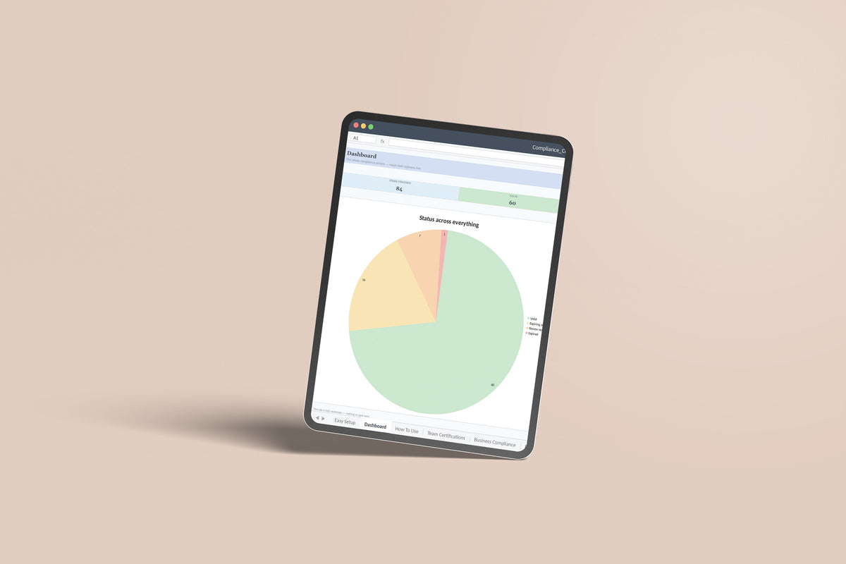 Compliance and Certification Tracker Excel template on an iPad Pro