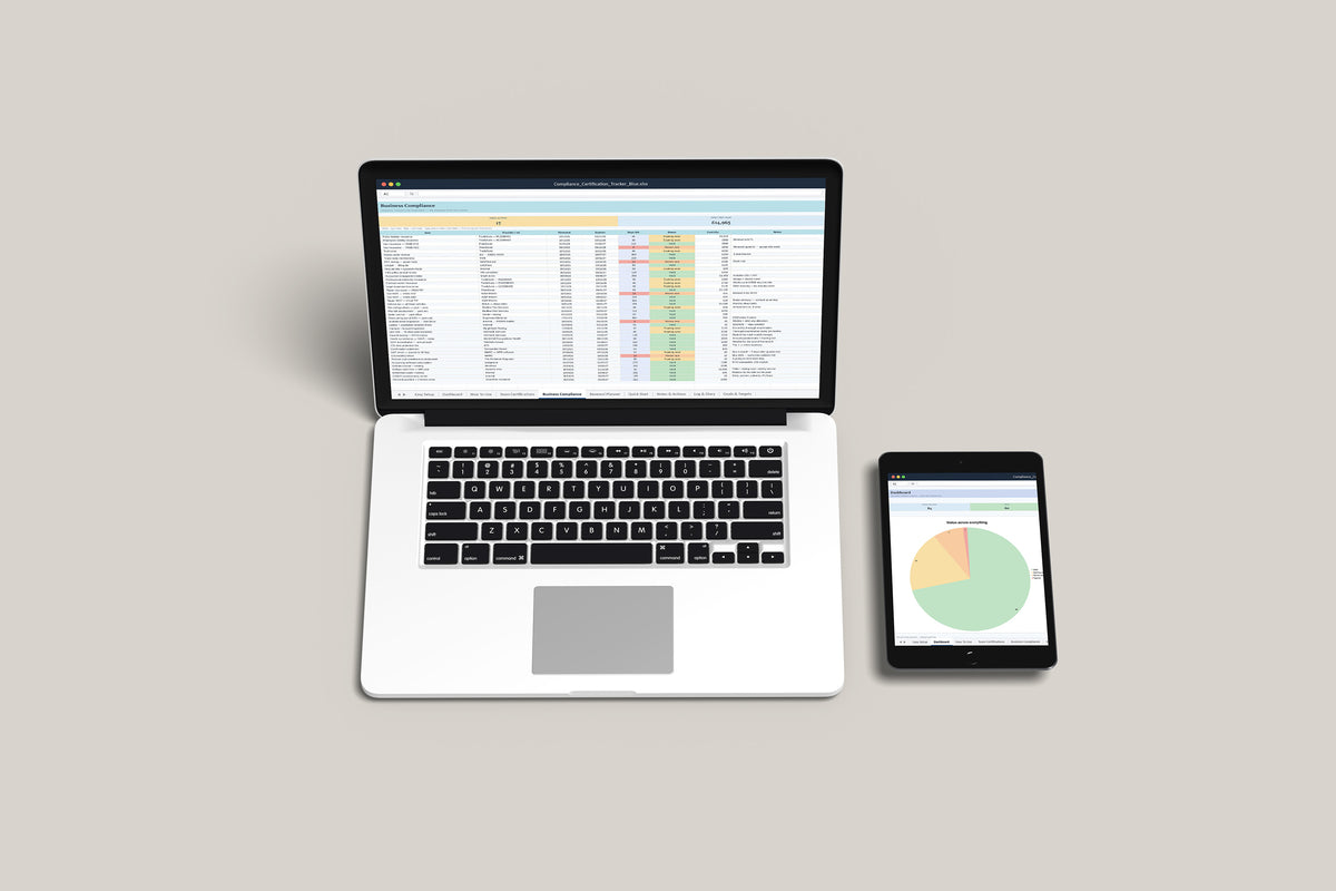 Compliance and Certification Tracker Excel template on a MacBook and iPad, second view