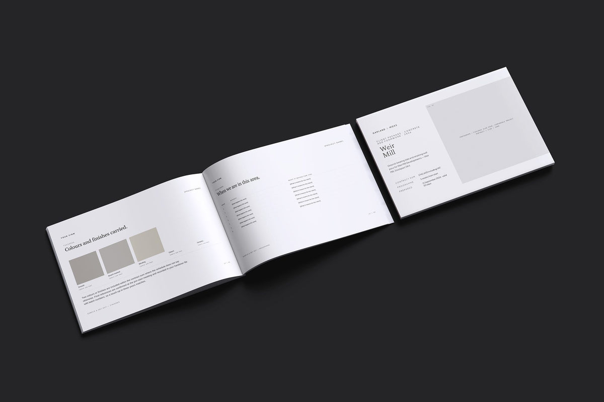 Concrete and Formwork Client Package, Ivory colourway, cover and inside spread mockup