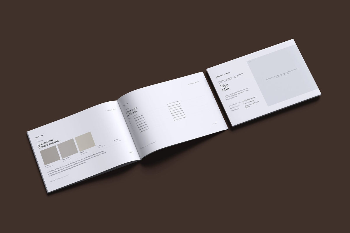Concrete and Formwork Client Package, Slate colourway, cover and inside spread mockup