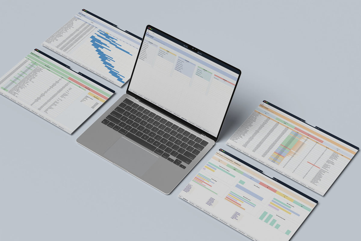 Construction Task Tracker 2.0 Excel template, Kanban Board tab on a laptop screen