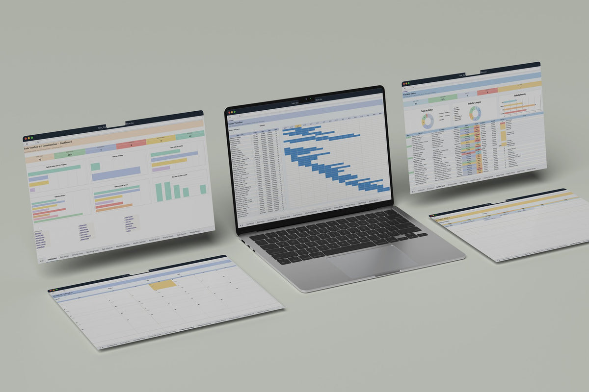 Construction Task Tracker 2.0 Excel template, Gantt Timeline tab on a laptop screen