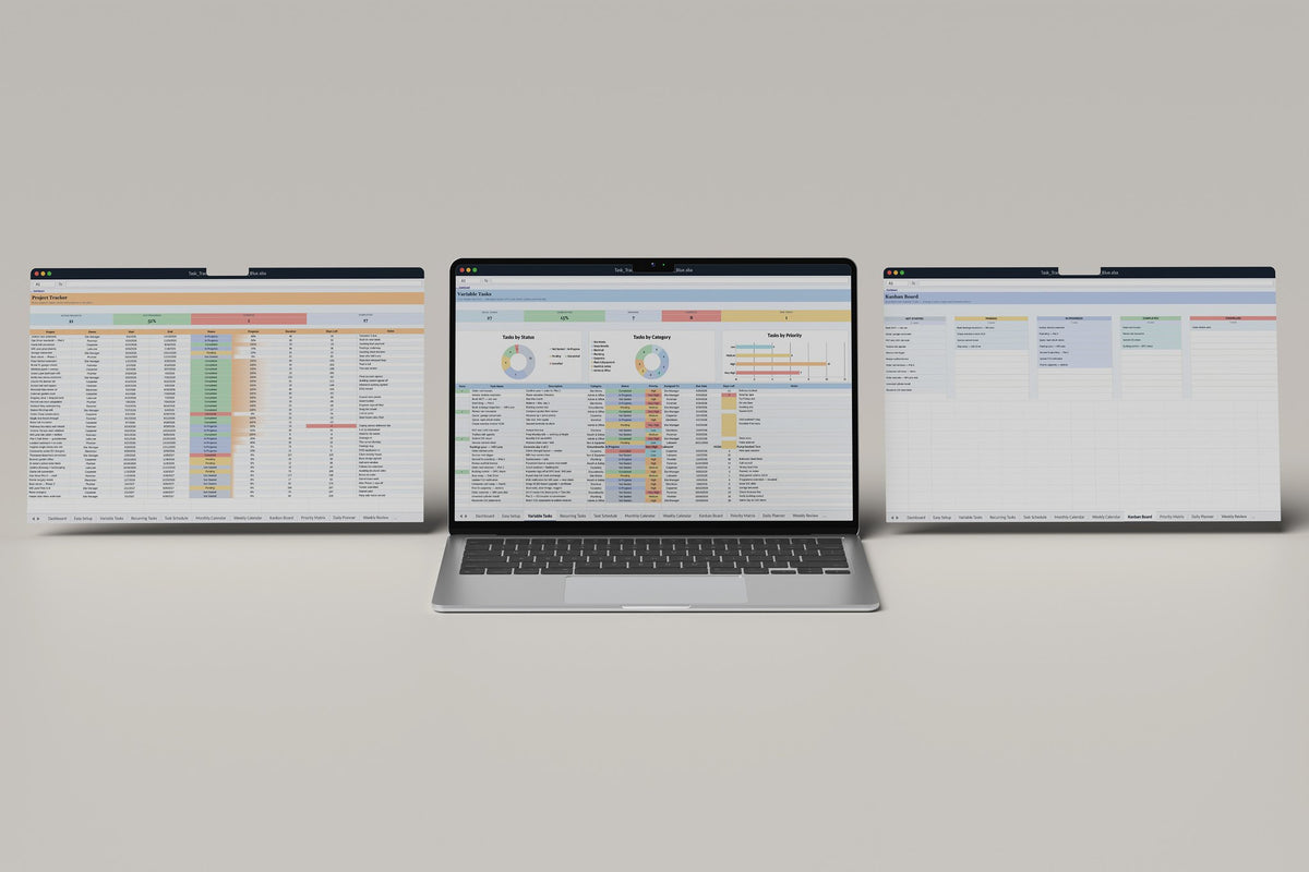 Construction Task Tracker 2.0 Excel template, Variable Tasks tab on a laptop screen