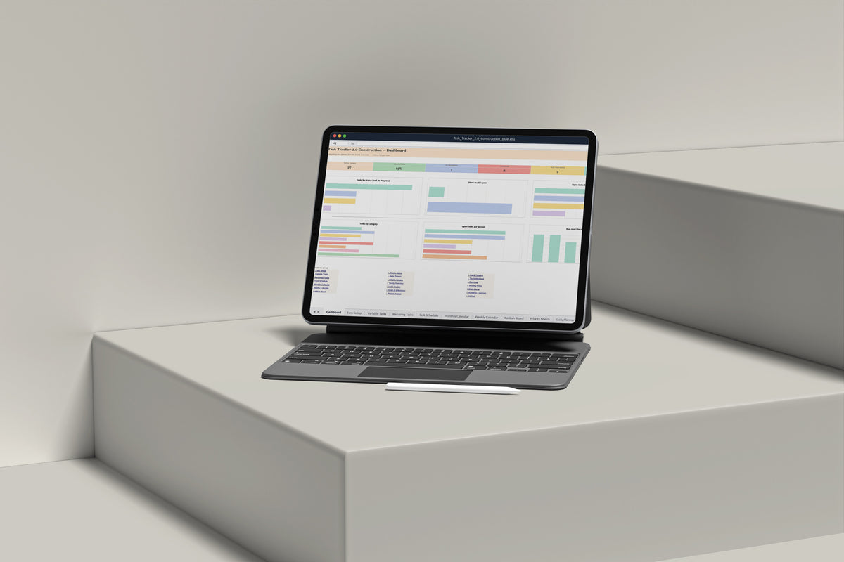 Task Tracker Construction Excel template on an iPad with keyboard